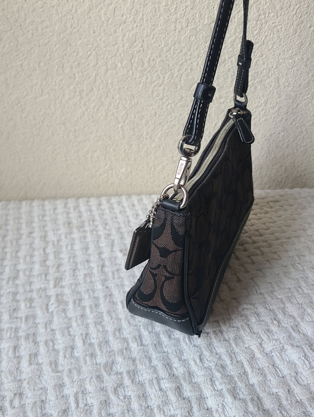 Coach Dark Brown Signature Canvas Shoulder Bag with Black Trim No. 125-6094 - Picture 3 of 12